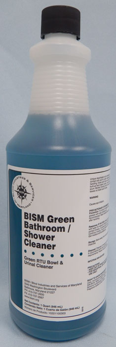 Clear bottle with blue liquid inside, white label with blue stripe - BISM Green Bathroom/Shower Cleaner